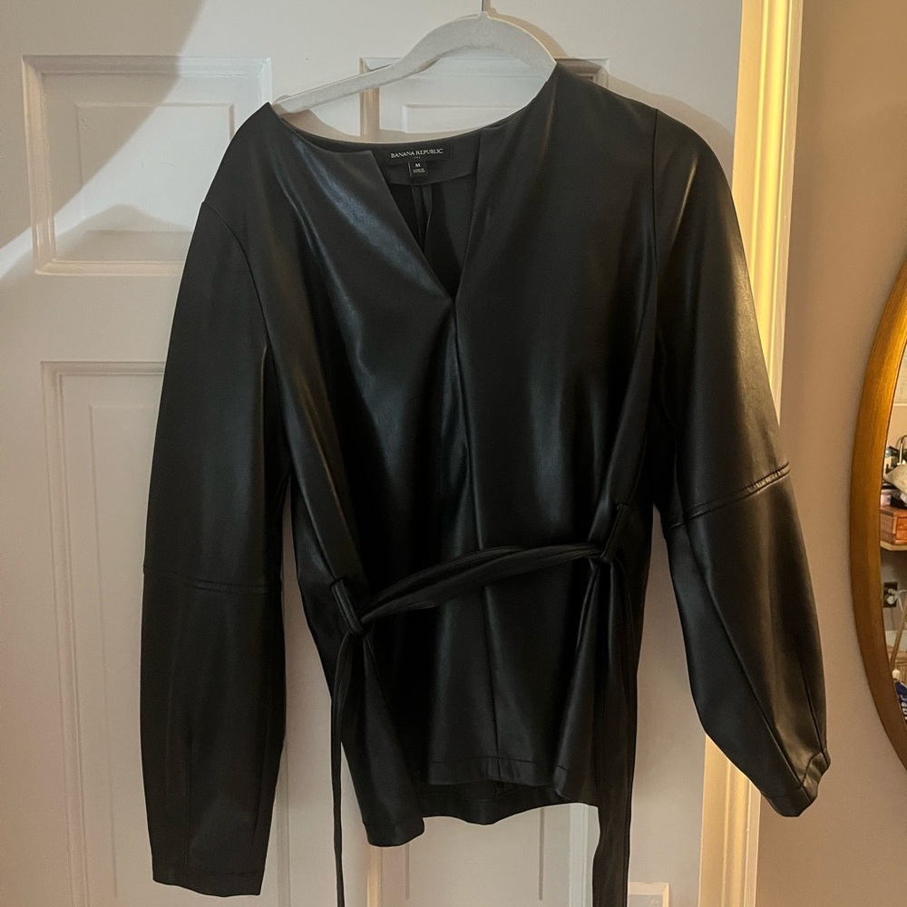Black Faux Leather Shirt With Tie
